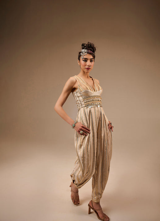 Golden embroidered jumpsuit with brown background