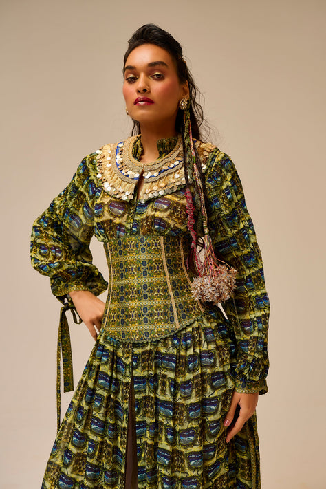 Printed pattern green coord set with brown background