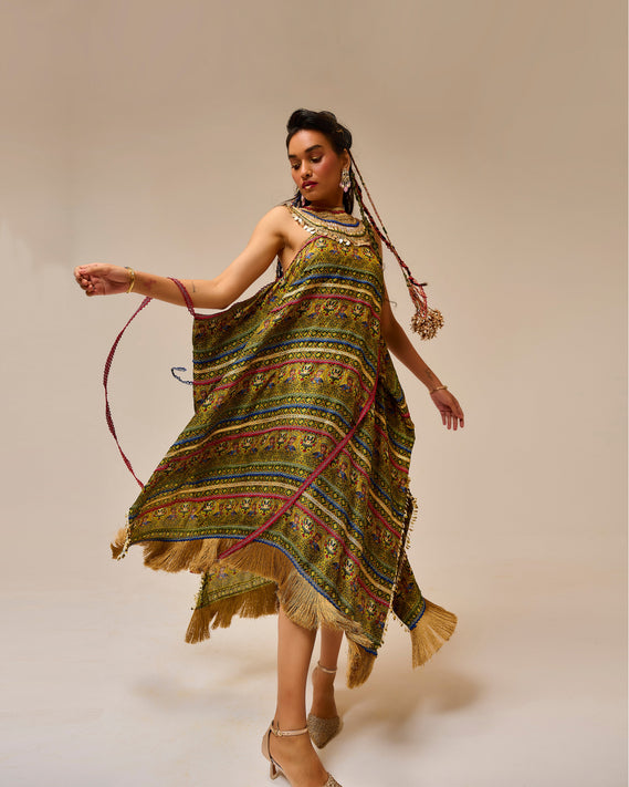 Coloured pattern dress with brown background