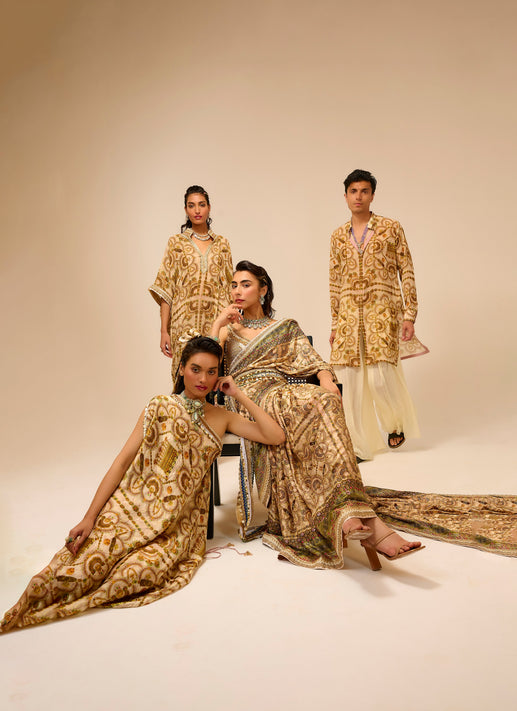Golden dress collection with brown background