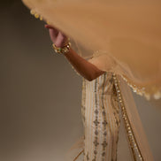 Close-up of a person wearing a traditional outfit with a sheer beige dupatta.