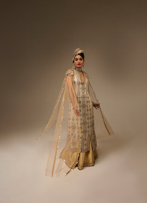 Woman in traditional attire with a plain background