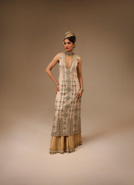 Woman wearing a long, ornate dress with intricate patterns on a beige background