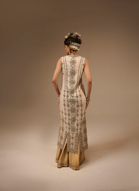 Woman wearing a traditional embroidered dress with a plain background