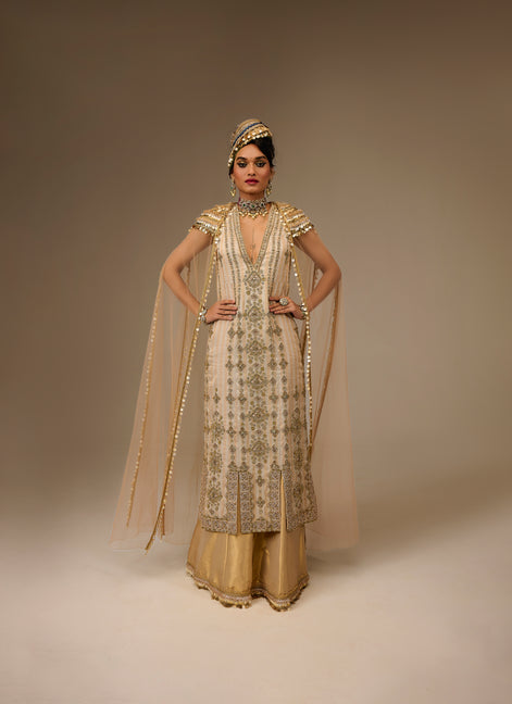 Woman in traditional embroidered outfit with a plain background