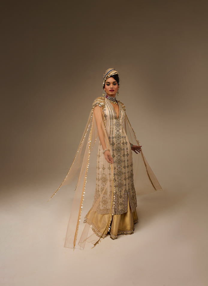 Woman in traditional attire with a plain background