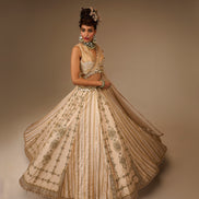 Woman wearing an ornate beige and gold dress with jewelry on a brown background