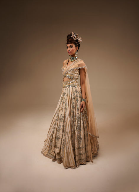 Woman wearing a traditional outfit with intricate patterns on a brown background