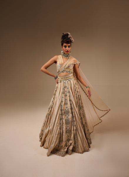 Woman in a traditional outfit with intricate patterns on a brown background