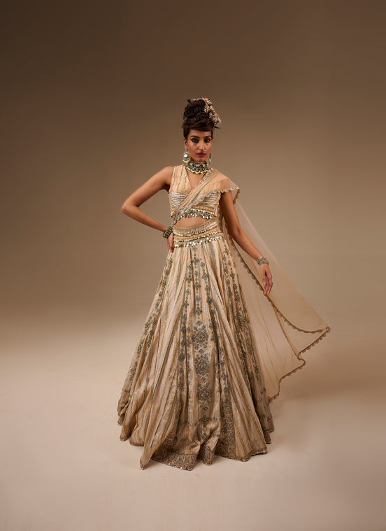 Woman in a traditional outfit with intricate patterns on a brown background