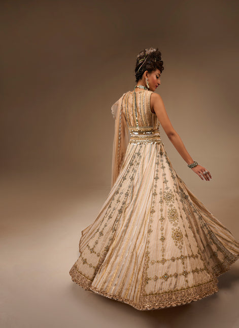 Woman in an ornate dress with a brown background