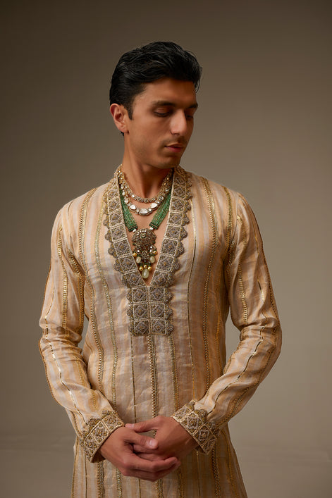 Man wearing a traditional embroidered kurta with intricate designs on a plain background