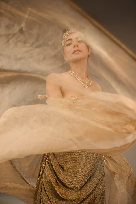 Woman in a gold dress with a sheer overlay, standing against a neutral background.