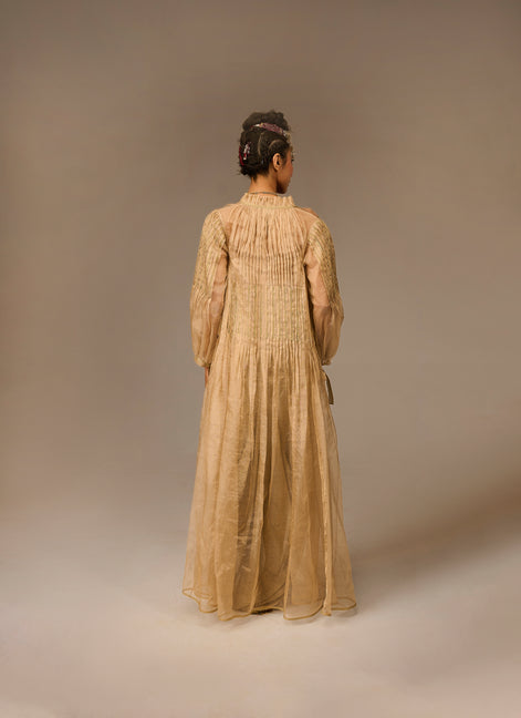 Woman wearing a long beige dress against a plain background