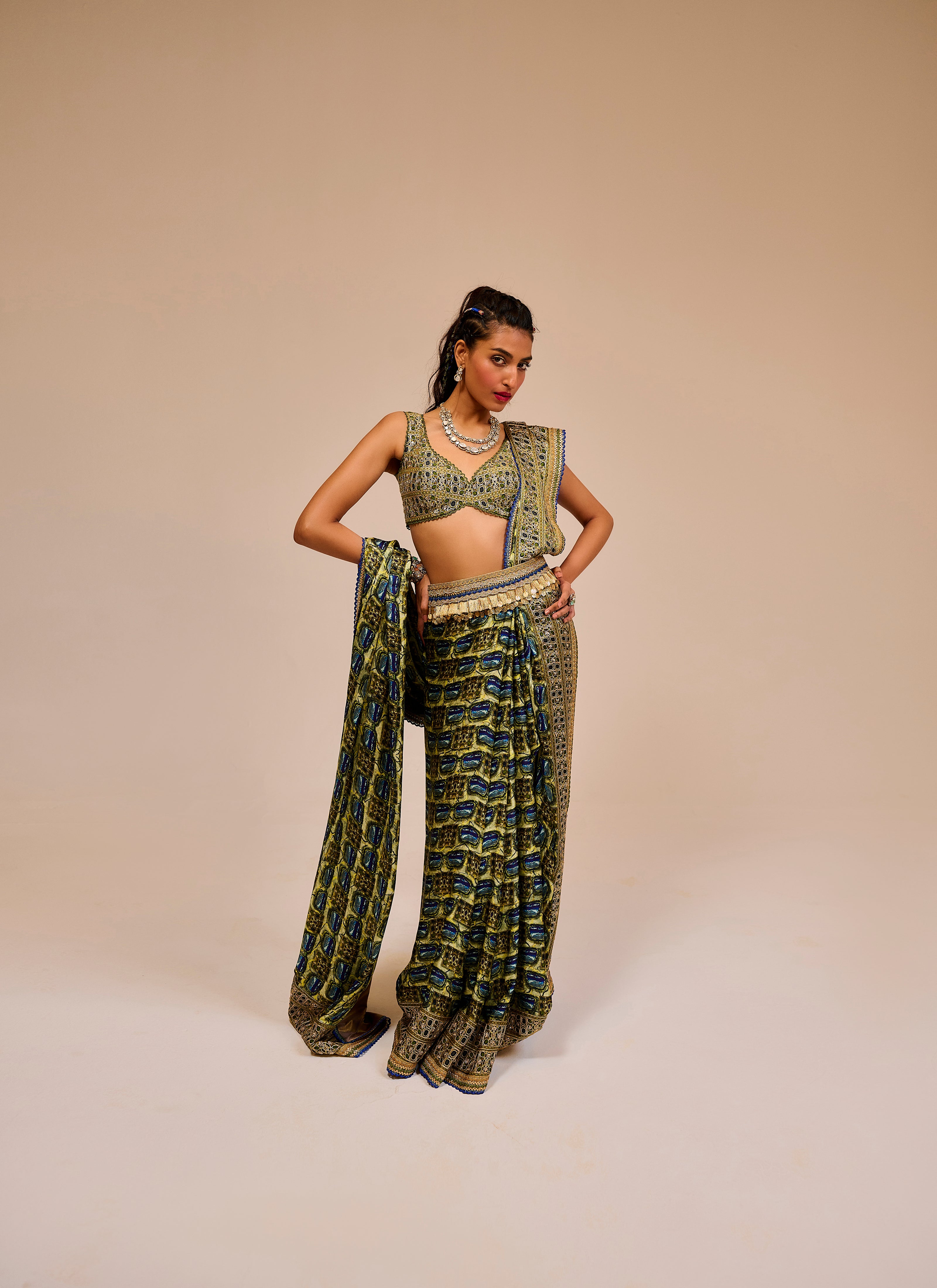 Woman wearing a patterned outfit on a beige background