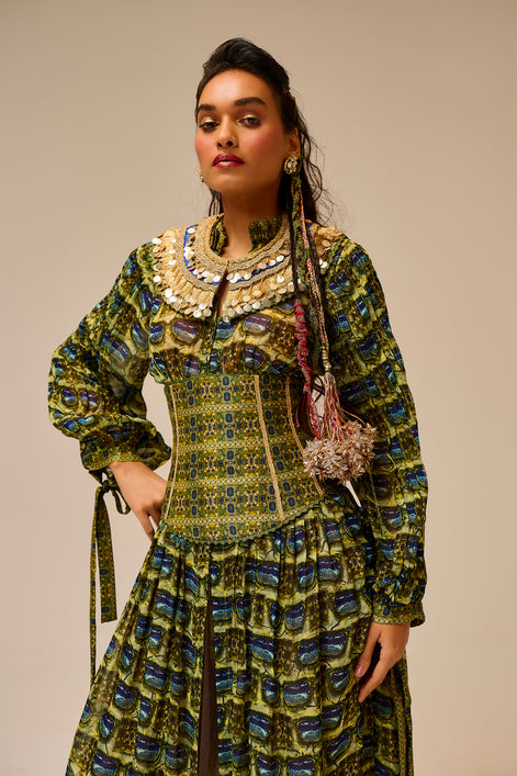 Woman wearing a patterned dress with a beige background