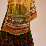 Colorful traditional outfit with intricate patterns and a sheer overlay.