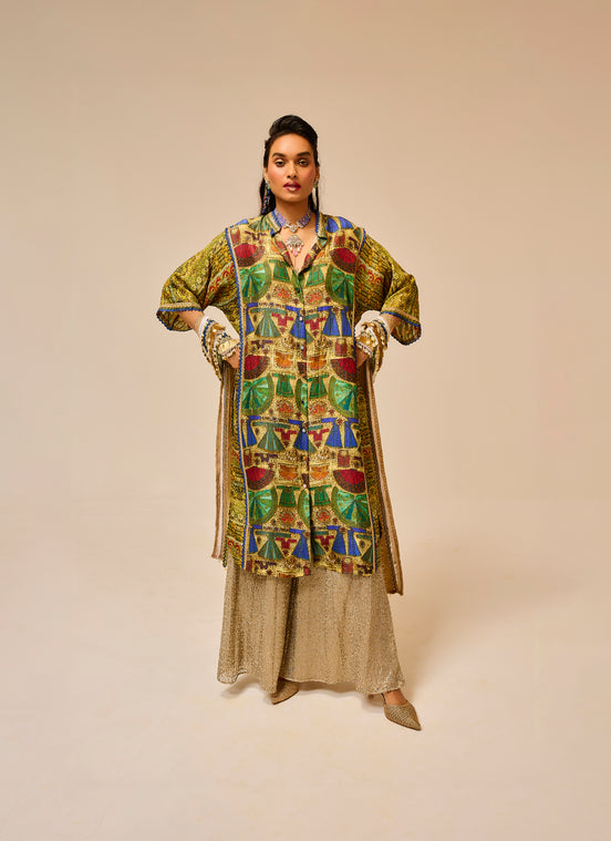 Woman wearing a colorful patterned outfit on a beige background