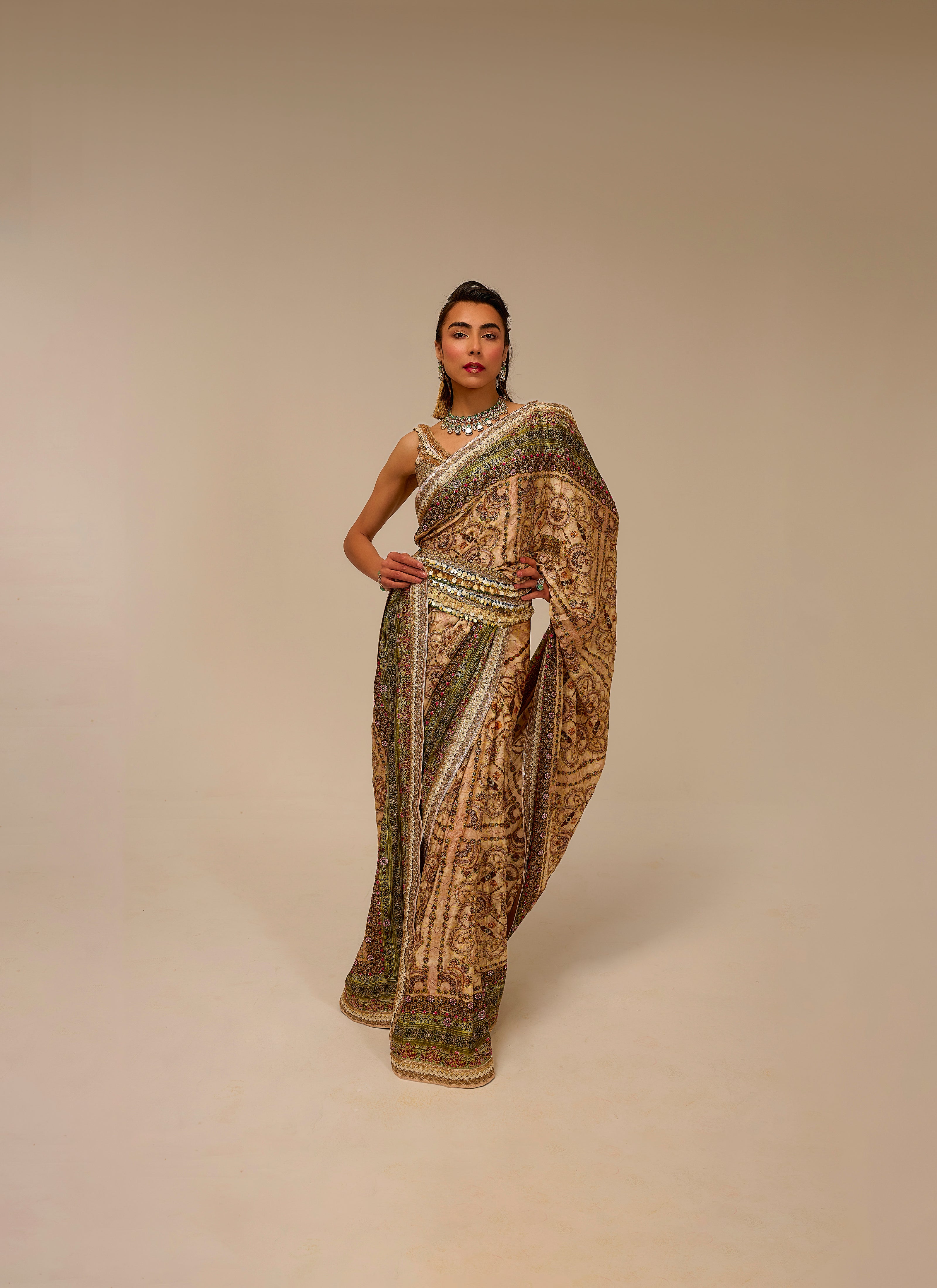 Woman wearing a traditional embroidered saree on a beige background