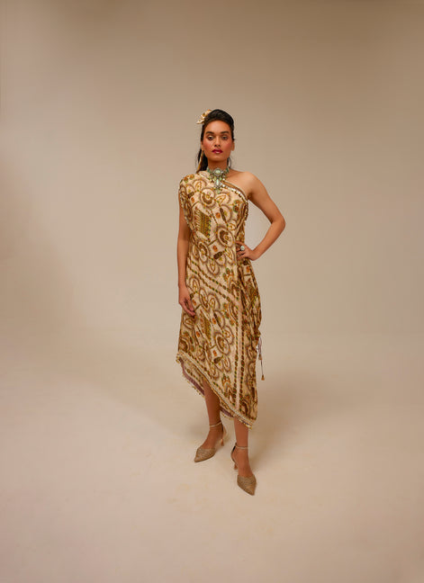 Woman wearing a gold and beige patterned dress against a beige background