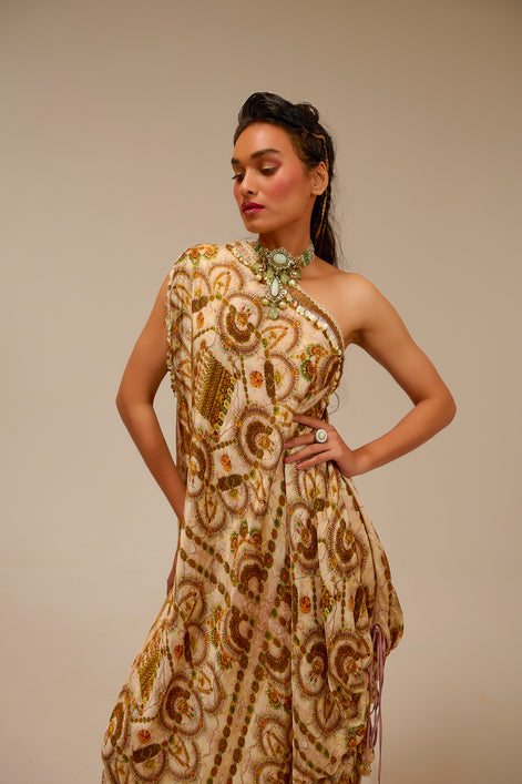 Woman wearing a patterned dress against a beige background