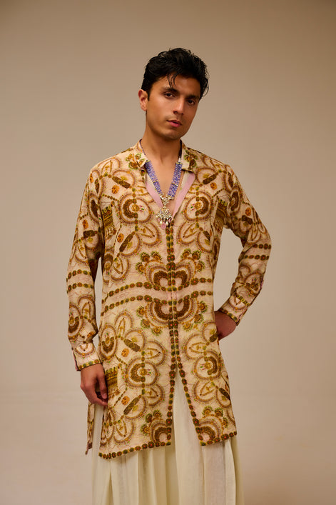Man wearing a traditional embroidered kurta with a beige background