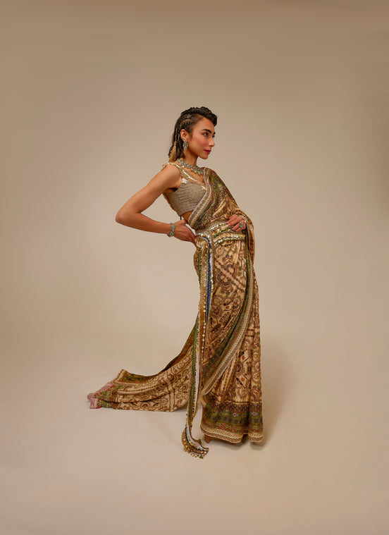 Woman wearing a traditional saree with intricate patterns on a beige background