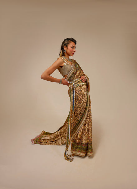 Woman wearing a traditional saree with intricate patterns on a beige background