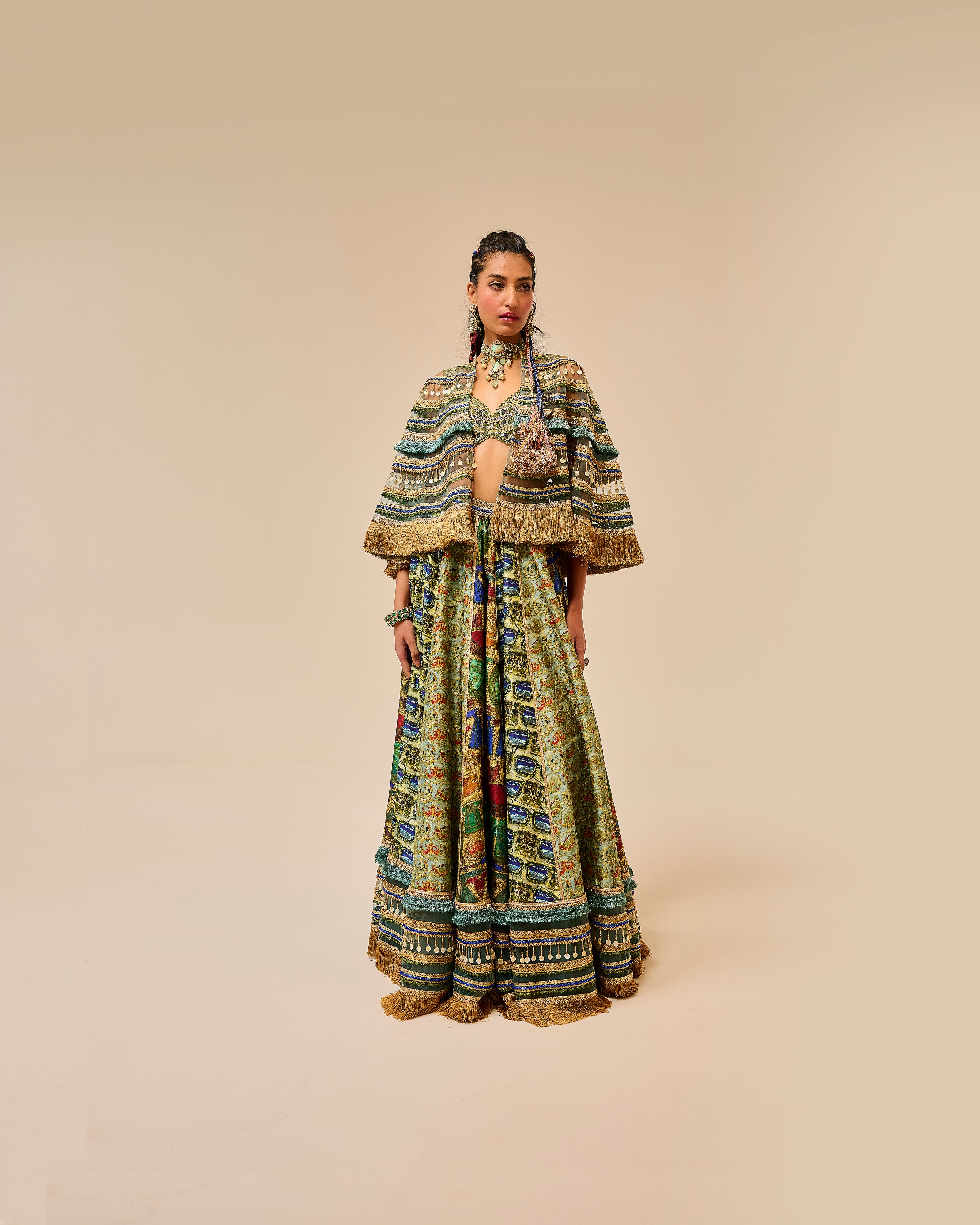 Woman wearing a patterned outfit on a beige background