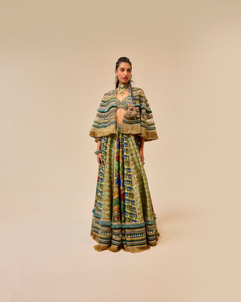 Woman wearing a patterned outfit on a beige background