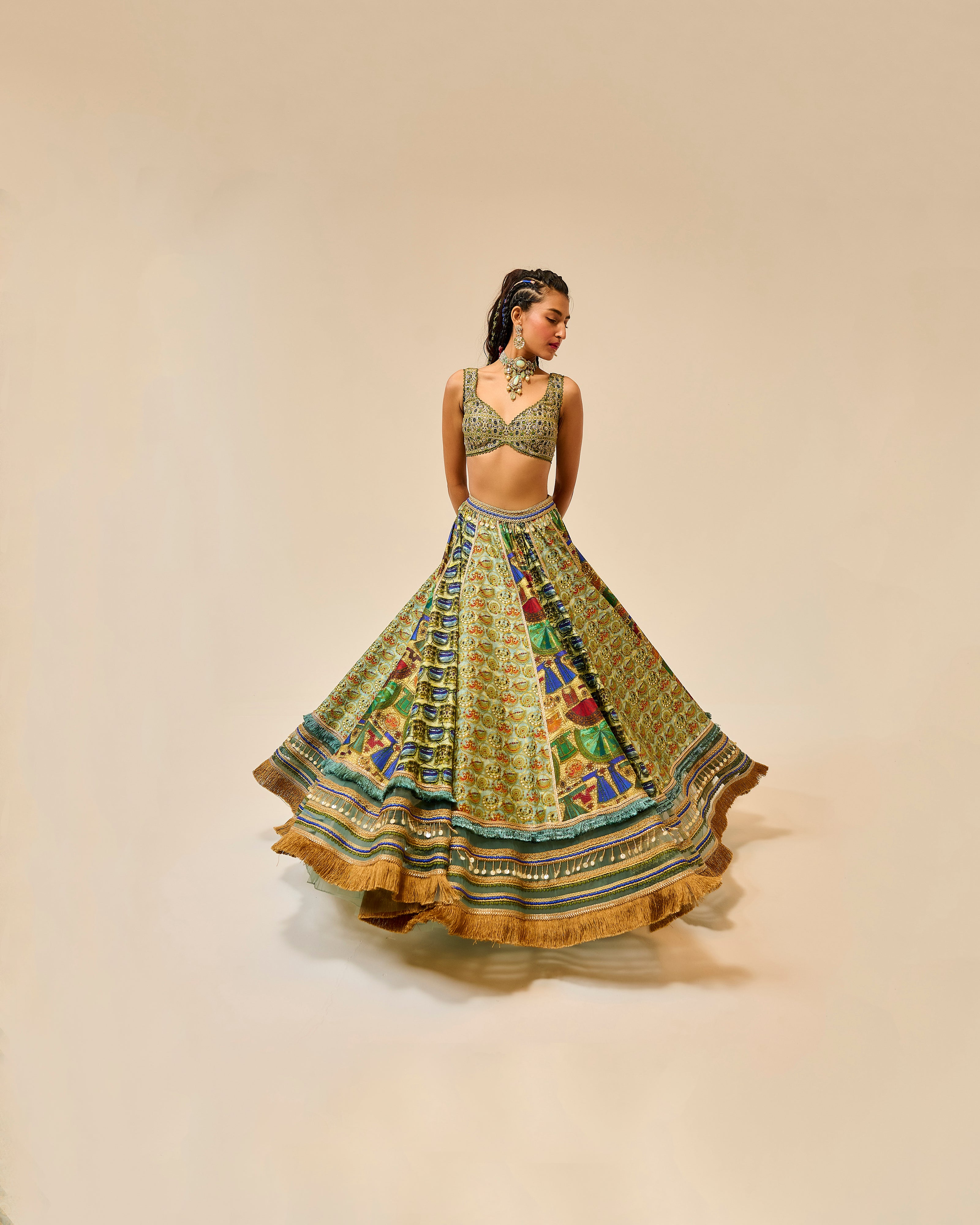 Woman wearing a colorful traditional outfit on a beige background