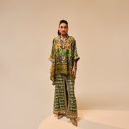 Woman wearing a colorful patterned outfit on a beige background