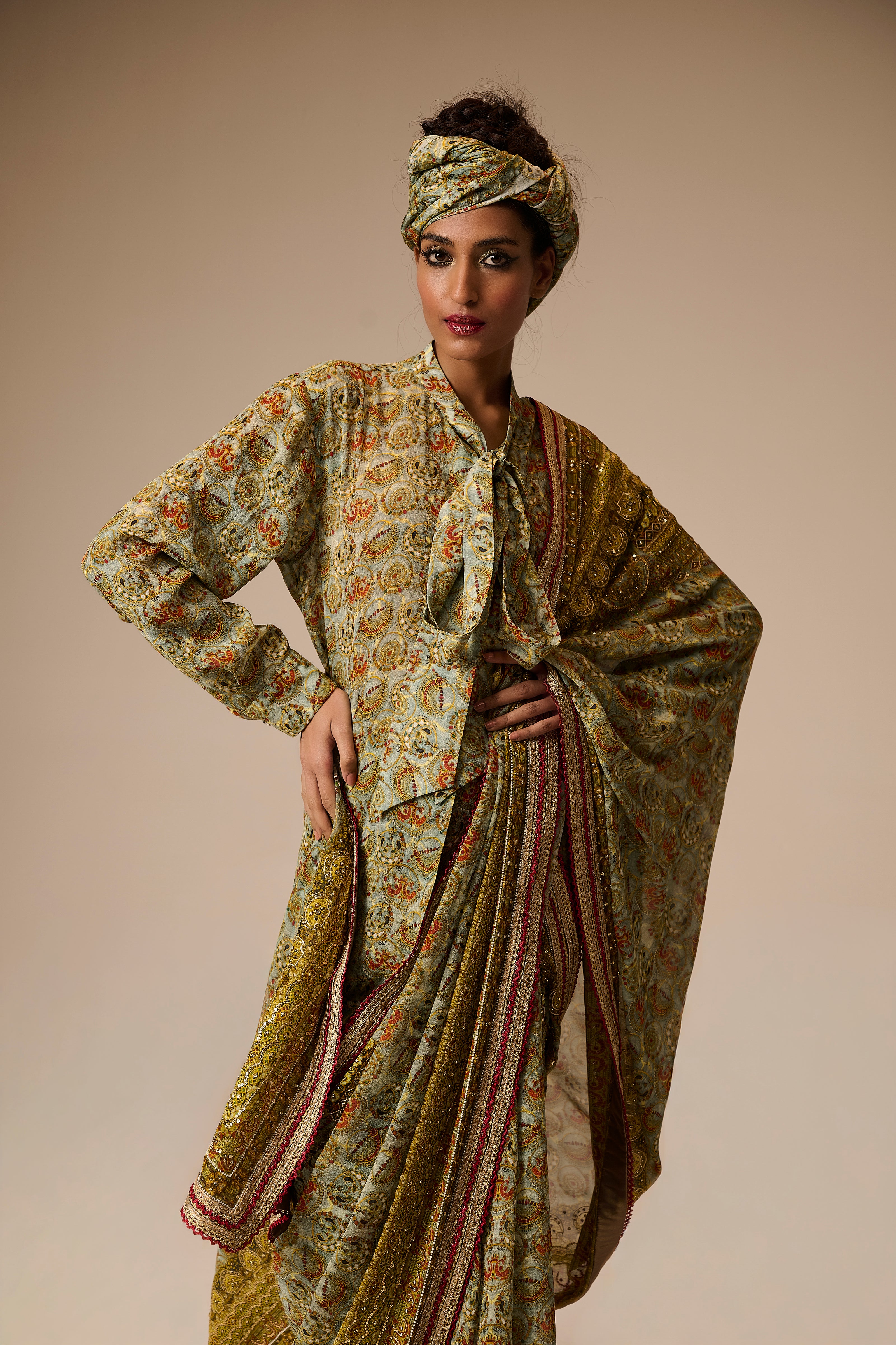 Woman wearing a traditional outfit with a floral pattern on a beige background