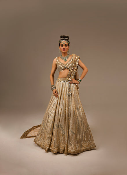 Woman in an ornate traditional outfit with jewelry on a plain background