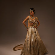Woman in a gold embroidered traditional outfit against a brown background