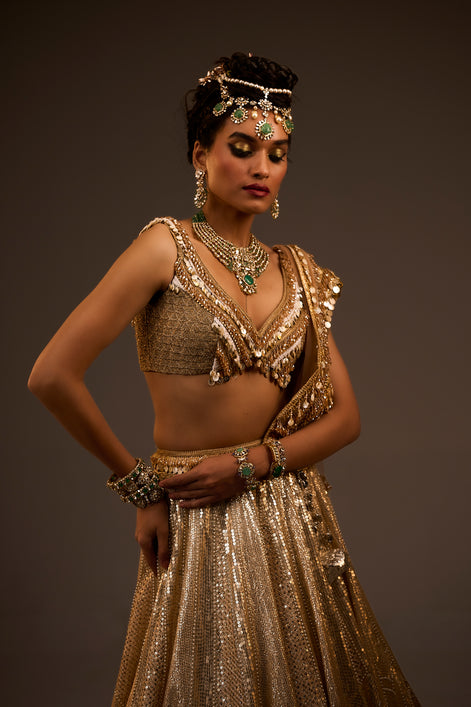 Woman in a gold traditional outfit with jewelry against a dark background