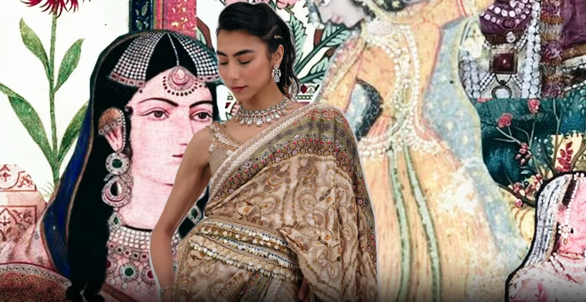 Collage of women in traditional attire with decorative elements